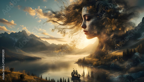 Surreal mountain landscape fused with giant goddess-profile, ship on misty lake — cinematic fantasy novel cover and concept art