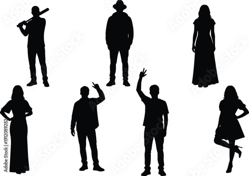 Set of black silhouettes featuring diverse people in various poses including man with baseball bat woman in dress and person waving for creative designs