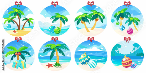 Eight oval frames depict tropical beaches with palm trees and holiday decorations
