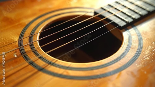 Close-up of Acoustic Guitar with Wooden Body and Strings.