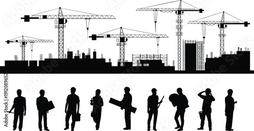 Black Construction Site Silhouette with Tower Cranes and Professional Workers Team Icons Isolated on White Background for Industrial Development and Civil Engineering Architecture Projects
