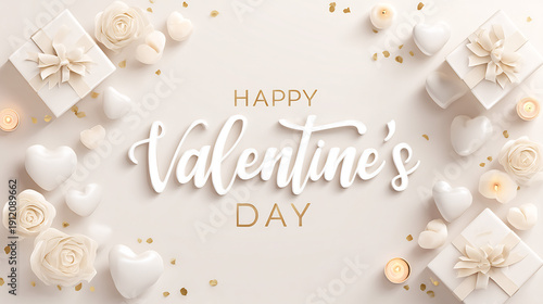 Elegant Valentine's Day celebration with gifts, roses, and hearts, perfect for romantic greetings.