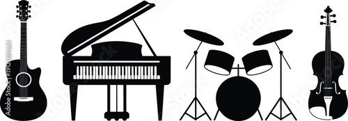 Black Musical Instruments Silhouettes Set with Acoustic Guitar Grand Piano Drum Kit and Violin Isolated on White Background for Jazz Concert Orchestra and Live Performance