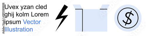 Energy, finance, packaging, economy, logistics, operations. Lightning bolt, open box dollar symbol. Energy and finance concepts visually for versatile design uses