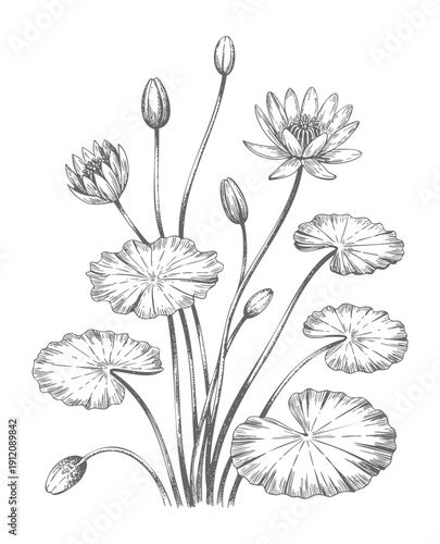 Vintage lotus bloom collection with botanical engraving detail. Antique lotus flower illustrations with fine engraved lines.