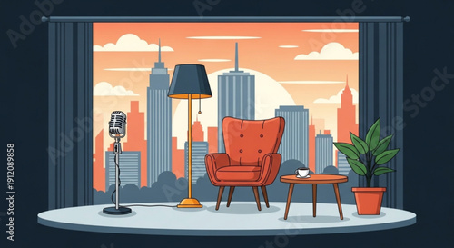 Cozy armchair and vintage microphone in a loft apartment with a city skyline view at sunset illustration for interior design and lifest