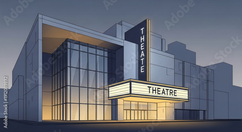Modern theater building facade with illuminated marquee sign architectural illustration for entertainment venues and event promotion