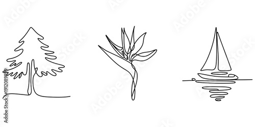 Minimalist continuous line art of a pine tree, a bird of paradise flower, and a sailboat on water.
