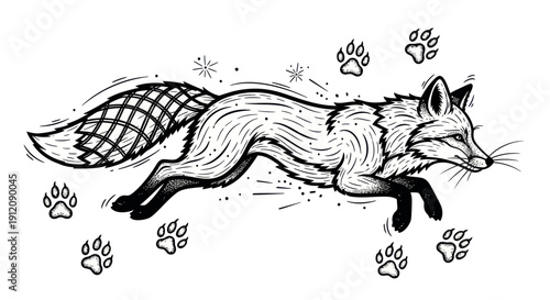 Stylized black and white illustration of a running fox with paw prints.
