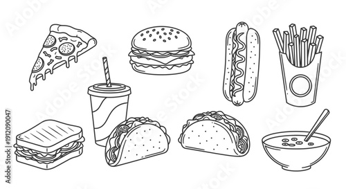 A collection of popular fast food items in simple line art style.