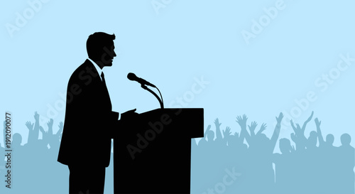 Silhouette of a Speaker at a Podium Addressing an Audience with Raised Hands