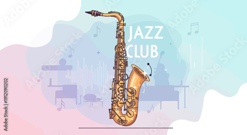 Saxophone in Jazz Club Illustration with Music Notes and Abstract Background