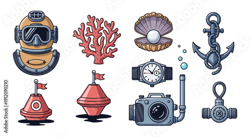 Colorful Vector Icons of Underwater Exploration and Scuba Diving Gear