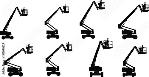 Black Silhouette Illustration of Eight Boom Lifts with Workers Depicting Construction Equipment, Industrial Access Platforms, and Maintenance Concept