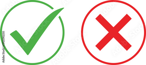 Green Check Mark and Red Cross Icon Set with Circle Frames for Validation, Approval, Rejection, Correct or Wrong Choices in Web and App UI Design