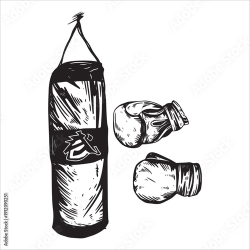 Boxing Punching Bag And Gloves Vintage Icon Vector