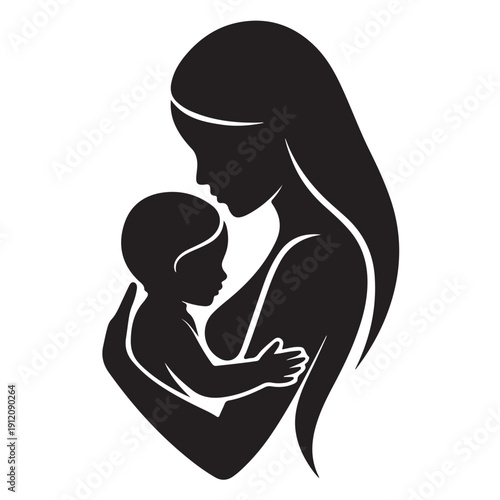 Black silhouette of young mother holding newborn baby close to her chest representing unconditional maternal love and affection on transparent background