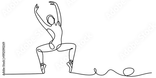 Continuous one line drawing of a graceful ballerina performing a ballet dance pose on white background.