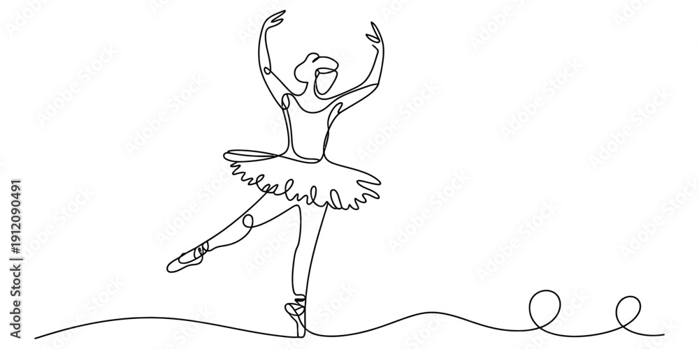 Fototapeta premium Continuous line drawing of a graceful ballerina dancing in a tutu and pointe shoes on stage.