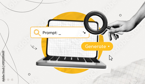 Trendy Halftone Collage Computer Laptop with Artificial intelligence chat. Promt for generation. Hand with magnifying glass searches in web browser. Contemporary vector illustration art