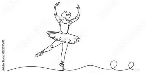 Continuous line drawing of a graceful ballerina dancing in a tutu and pointe shoes on stage.