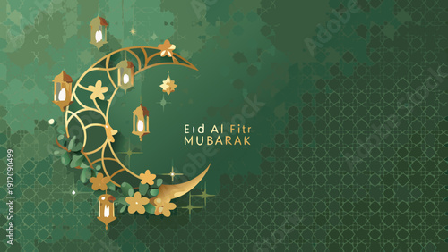 Eid Al Fitr Mubarak celebration with crescent moon and lanterns