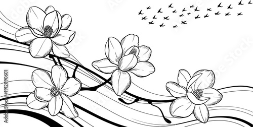 Black and white line art illustration of blooming magnolia flowers on a branch with flying birds.