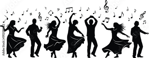 Black Silhouette Illustration of Seven People Dancing with Musical Notes Depicting Celebration, Rhythm, Performance Arts, and Cultural Expression Concept