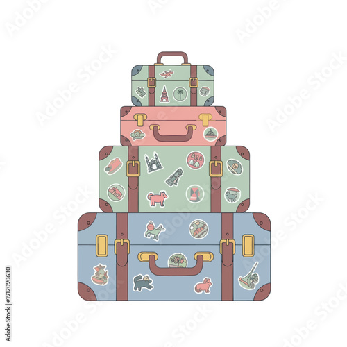 Stack of vintage suitcases with travel stickers