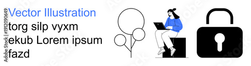Data security, online privacy, digital protection, technology use, remote work, internet communication. Woman seated on a chair with laptop, lock icon and abstract shapes. Data security and online