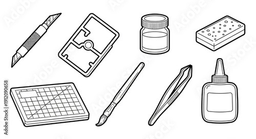 Set of tools and supplies for model building.