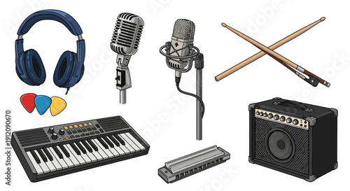 Collection of music instruments and audio equipment on white background.