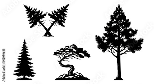 Collection of black pine tree silhouettes on a white background