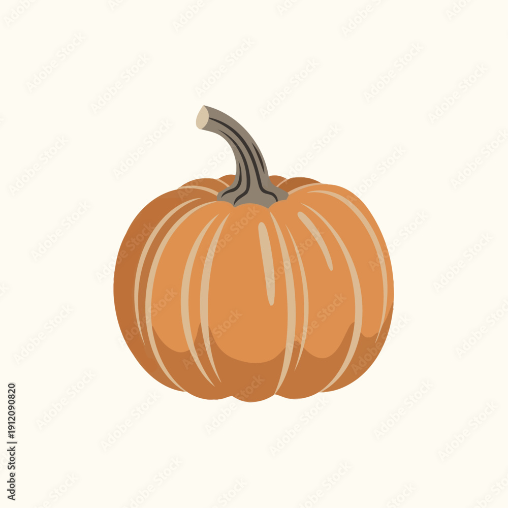 Fototapeta premium Single orange pumpkin with a gray stem on a cream background.