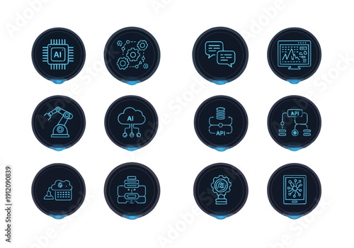 A collection of twelve icons depicting various technology and industry related concepts.