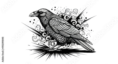 A detailed illustration of a crow with abstract elements.