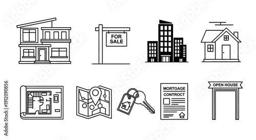 Real estate icons for sale, mortgage, and open house.