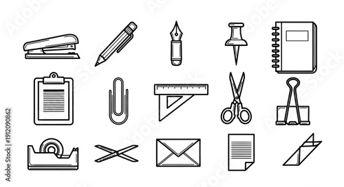Set of stationery and office supply icons in a clean outline style.
