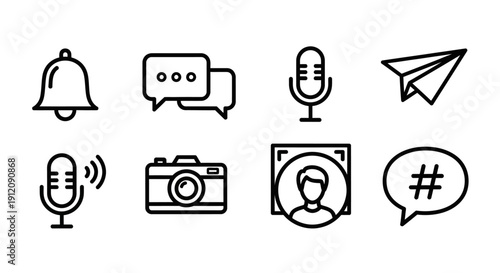 Set of social media and communication line icons on a white background