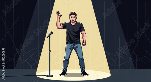 Man performing stand-up comedy on stage with microphone spotlight illumination illustration for entertainment concept