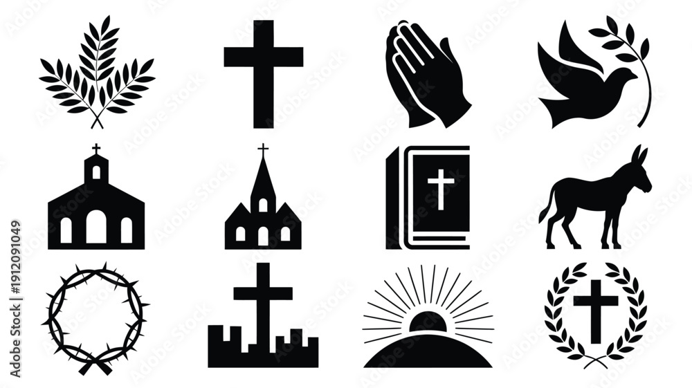 Fototapeta premium Palm sunday symbols and christian icons in black silhouette on white background for easter or religious themes