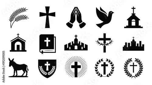 Palm sunday christian symbols and icons set silhouette logo collection for easter faith and religion concepts