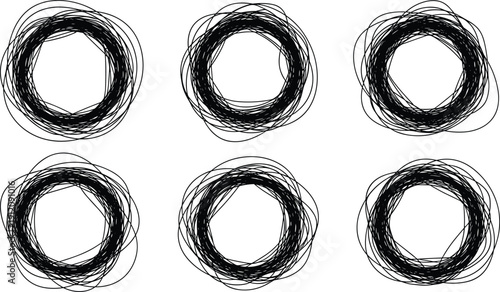 Six circular scribble heptagon shapes, black abstract geometric silhouettes with overlapping noisy lines in grid generative art style. 