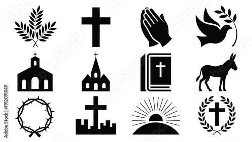 Palm sunday symbols and christian icons in black silhouette on white background for easter or religious themes