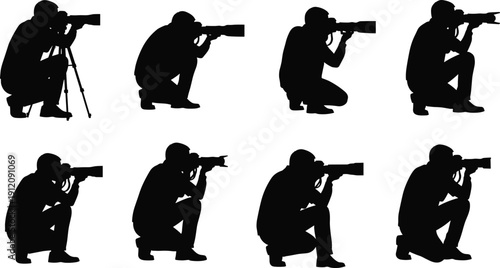 Eight photographer silhouette illustrations crouching and kneeling with cameras, long lenses, and tripod setups in black design 