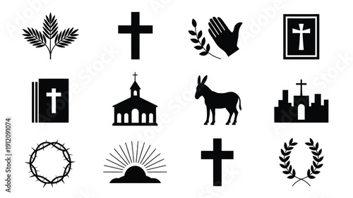 Palm sunday symbols and icons black silhouettes christian faith easter cross church donkey palm leaves holy week religious biblical worship spirituality salvation hope faith belief