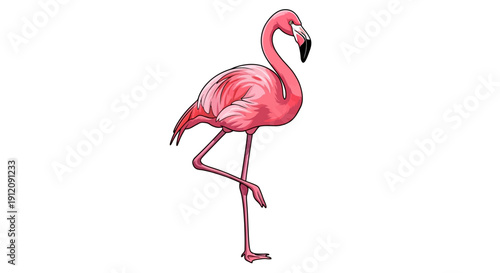 A pink flamingo standing on one leg against a white background.