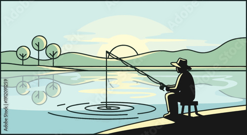 Man fishing by the lake at sunset