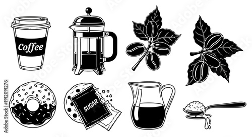 Collection of coffee related items and ingredients