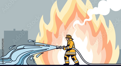 Firefighter sprays water on a large building fire.